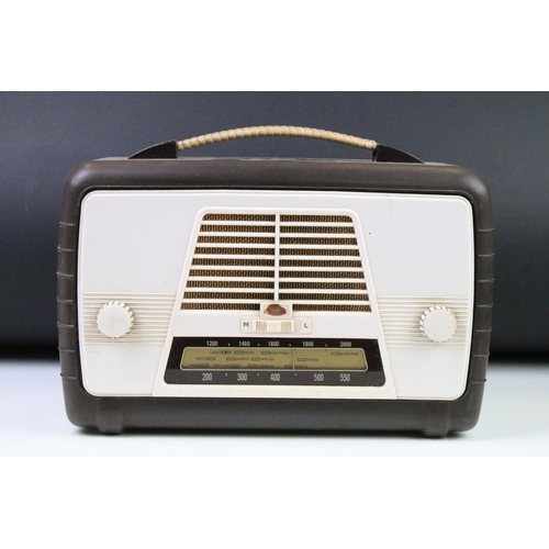 139 - Art Deco Brown and Cream Bakelite Ultra Electric Ltd Carnival Twin R746 Radio, 30cm wide