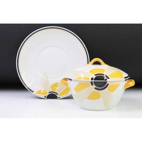 18 - Shelley Art Deco Yellow & Black Sunray Pattern (no. 11742) lidded twin-handled bowl & stand, printed... 