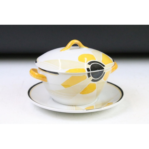 18 - Shelley Art Deco Yellow & Black Sunray Pattern (no. 11742) lidded twin-handled bowl & stand, printed... 