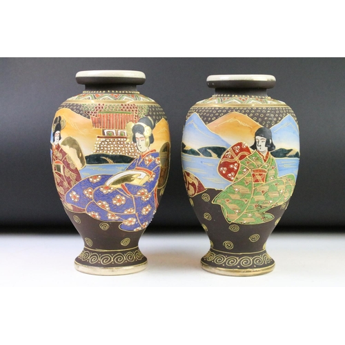 22 - Pair of Japanese vases, of baluster form, with enamel painted decoration depicting females, approx 2... 