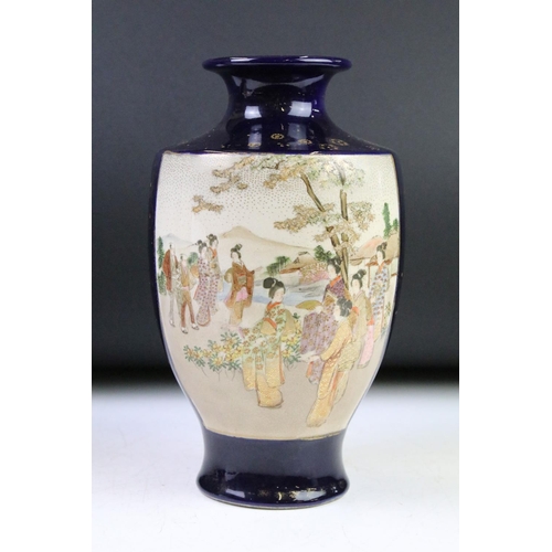 28 - Pair of Japanese Satsuma Vases, Meiji period, painted with panels of Geishas in a garden on a blue g... 