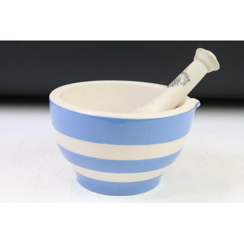 30 - T. G. Green Cornishware Blue and White Pestle & Mortar, each piece stamped with black shield mark, a... 