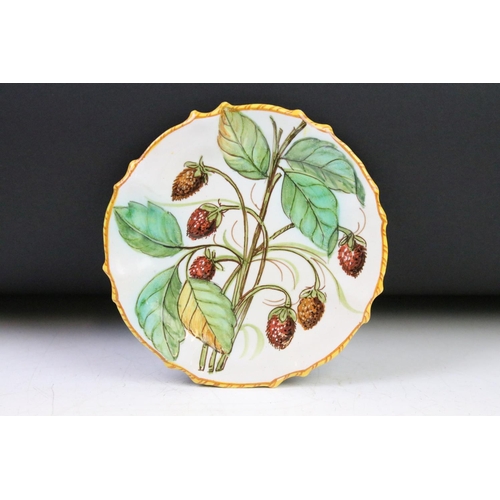 31 - Set of 12 Italian faience plates with hand painted fruit decoration and yellow borders, approx 14cm ... 