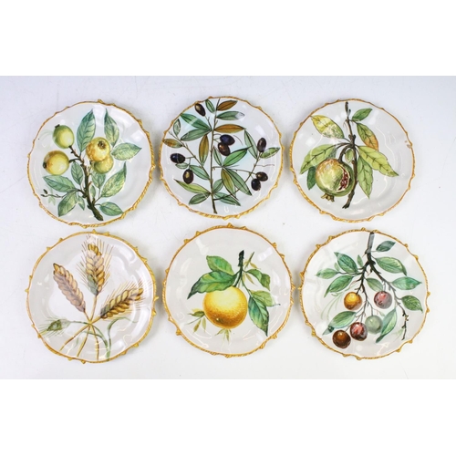 31 - Set of 12 Italian faience plates with hand painted fruit decoration and yellow borders, approx 14cm ... 