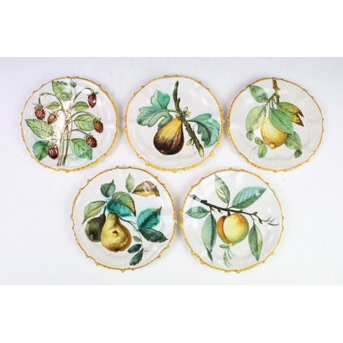 31 - Set of 12 Italian faience plates with hand painted fruit decoration and yellow borders, approx 14cm ... 