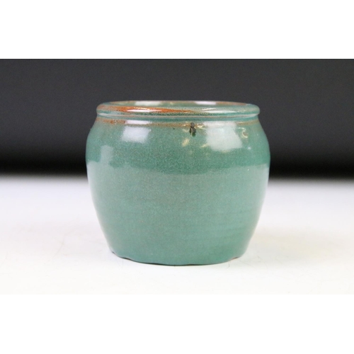 33 - Studio pottery jar & cover and vase (approx 7.5cm high), with blue/green glaze, 'KD' monogram to bas... 