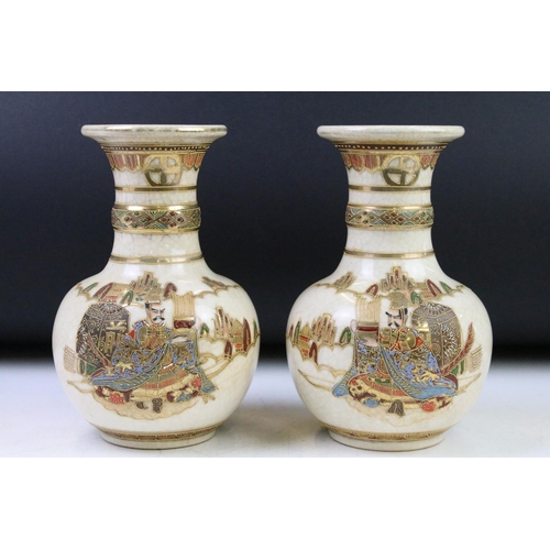 42 - Pair of Early 20th century Japanese Kusube Crackle Glaze Vases, hand painted with seated warriors wi... 