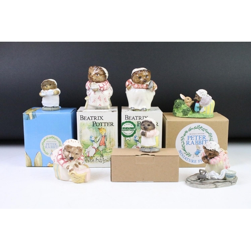 50 - Group of seven boxed & unboxed Beatrix Potter figurines to include 3 x Beswick (Mrs Tiggy Winkle, Mr... 