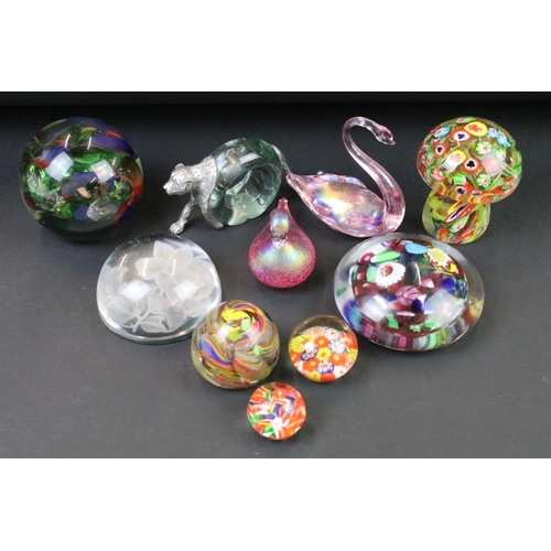 51 - Collection of ten 20th century glass paperweights to include two iridescent glass examples (swan & d... 