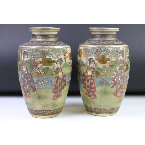 52 - Pair of Japanese Satsuma vases decorated with Geishas in a landscape, gold seal marks to base, 25cm ... 