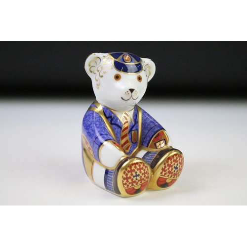 59 - Royal Crown Derby Schoolboy Teddy paperweight with gold stopper, approx 8cm tall