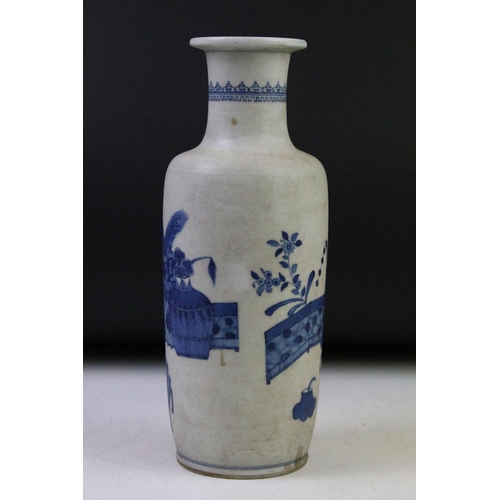 6 - Chinese blue & white baluster vase decorated with a scene with mythical lion, tables & flowers in va... 