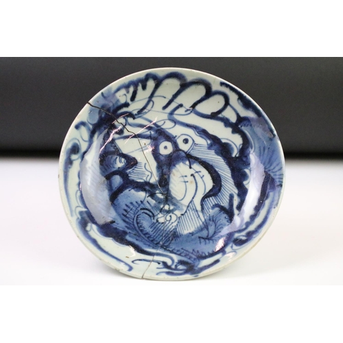 60 - Antique Chinese Porcelain Blue and White Bowl decorated with a four claw dragon with bulging eyes in... 