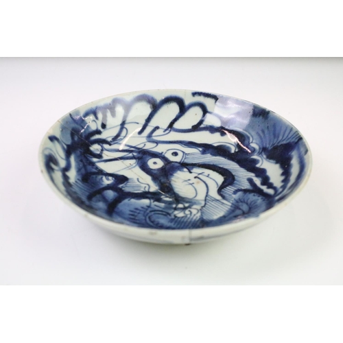 60 - Antique Chinese Porcelain Blue and White Bowl decorated with a four claw dragon with bulging eyes in... 