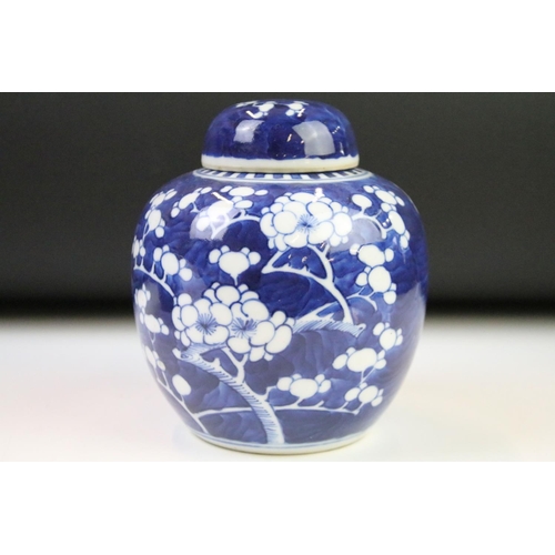 62 - Two Chinese blue & white ginger jars decorated with Prunus blossom, one with two concentric circles ... 