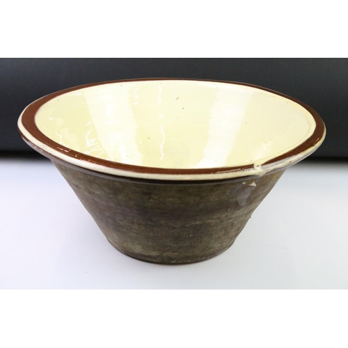 85 - 19th century Cream Slipware Glazed Terracotta Dairy Bowl, 40cm diameter