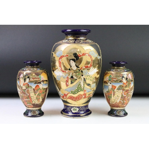 9 - Large Japanese Vase decorated with figures, 26cm high together with a Pair of Japanese Vases, 17cm h... 