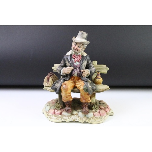 90 - Six Capodimonte porcelain figures / figure groups to include a tramp on a bench, scholar, courting c... 