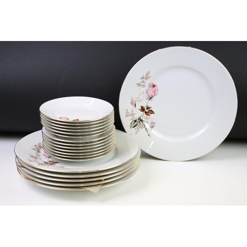 93 - Limoges 'Rose De Monaco' tea & dinner service to include 12 dinner plates, 12 soup bowls, oval platt... 