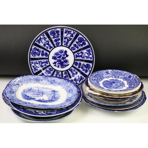 96 - Collection of blue & white plates / dishes, mostly 19th century examples, to include Copeland Spode ... 