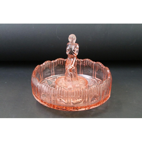 98 - Two Sowerby rose / flower bowls with lady flower frog, one being frosted pink glass, the other clear... 