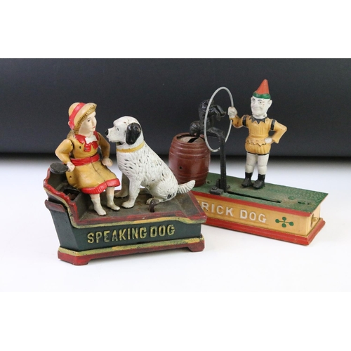 144 - Two reproduction cast iron novelty money boxes to include trick dog and speaking dog. Widest measure... 