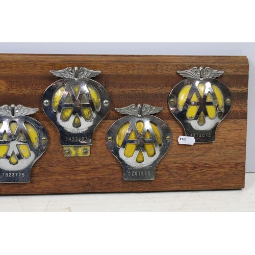 151 - Automobilia - A wall display of nine AA grill badges and AA key, all mounted on a wooden panel. (Mea... 