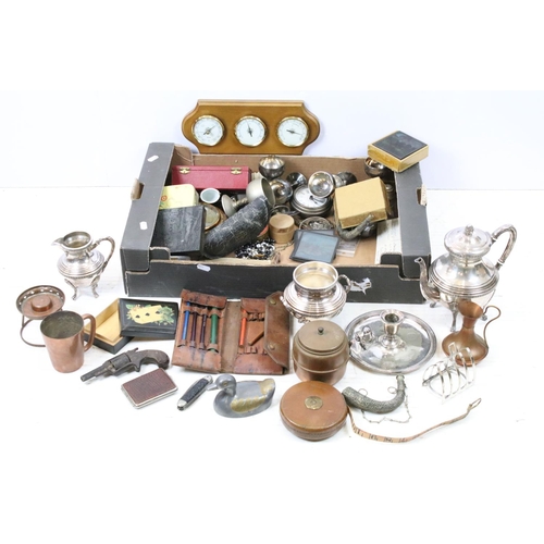 451 - Assorted 20th Century metal ware to include silver plated items, wall barometers, modern goliath poc... 