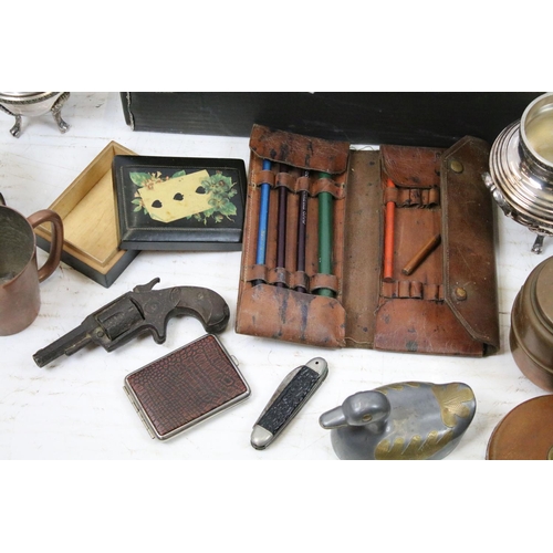 451 - Assorted 20th Century metal ware to include silver plated items, wall barometers, modern goliath poc... 