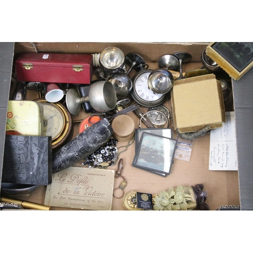 451 - Assorted 20th Century metal ware to include silver plated items, wall barometers, modern goliath poc... 