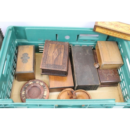 453 - Collection of 20th Century wooden boxes to include tea caddy, carved wooden puzzle box, Art Nouveau ... 