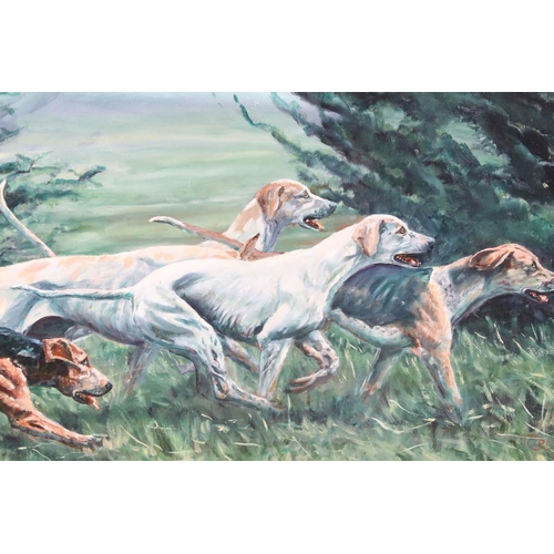 588 - T Crew, study of dogs, oil on board, 39 x 59.5cm, signed lower right and dated 2002, framed