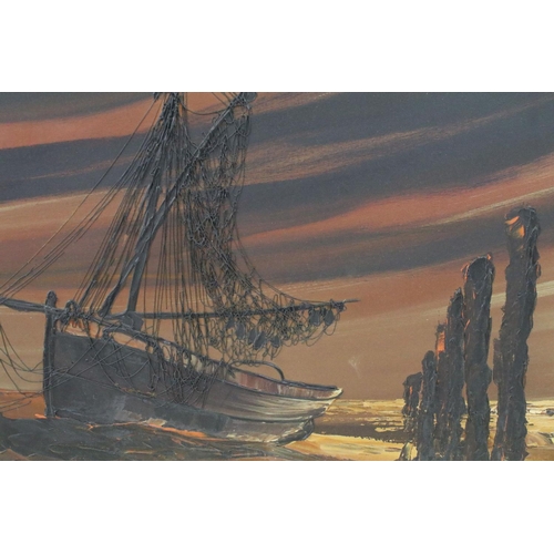 592 - De Dion, sailing boat with rigging, impasto oil on canvas, signed lower left, 44 x 59.5cm, framed