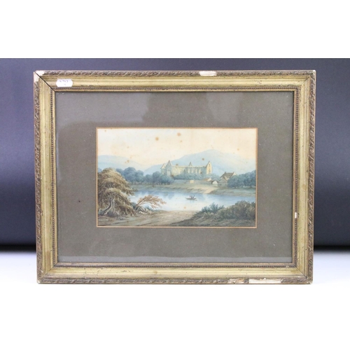 594 - English School, view of the River Wye and Tintern Abbey, watercolour, label verso for Hudson & Co Fi... 