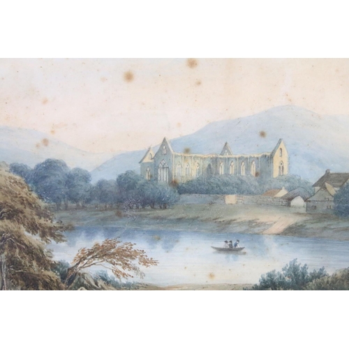 594 - English School, view of the River Wye and Tintern Abbey, watercolour, label verso for Hudson & Co Fi... 