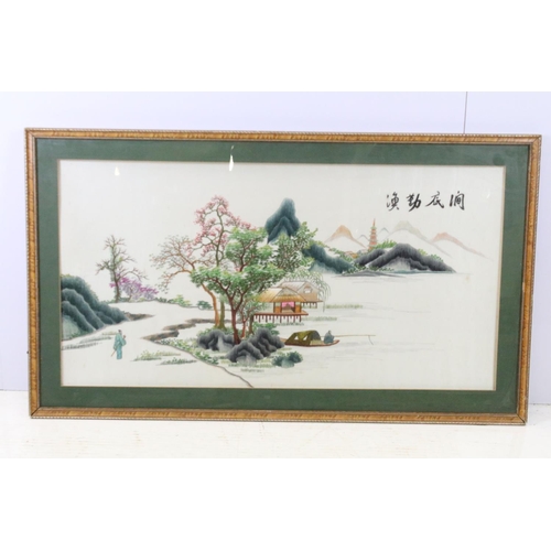 595 - Chinese School, landscape scene with pagoda in the background, embroidery on silk, 48 x 93.5cm, fram... 