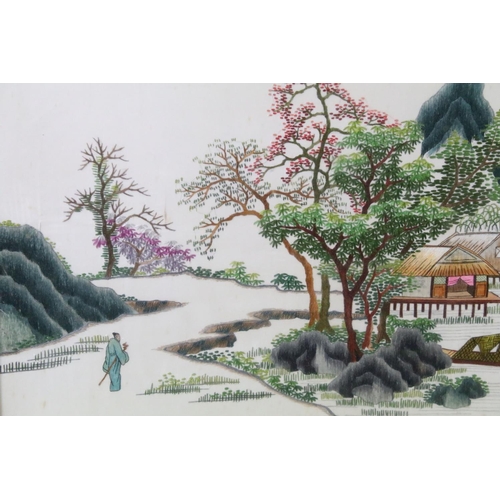 595 - Chinese School, landscape scene with pagoda in the background, embroidery on silk, 48 x 93.5cm, fram... 