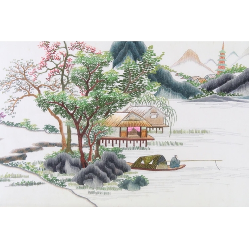 595 - Chinese School, landscape scene with pagoda in the background, embroidery on silk, 48 x 93.5cm, fram... 