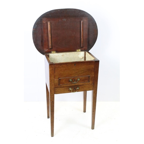 644 - Victorian mahogany sewing box table, the oval lift up lid revealing storage inside, with one faux dr... 