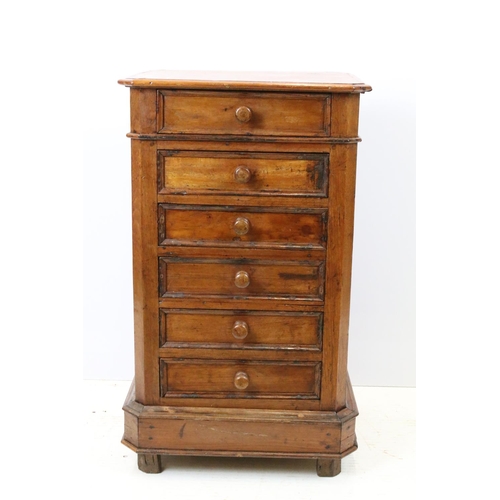 645 - 19th century cherry wood chest of six short drawers with canted corners, 77cm high x 45cm wide x 37c... 
