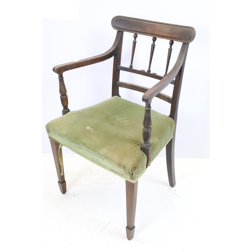 648 - Pair of 19th century mahogany chairs with arms, the backs with turned spindles and reeded arms, each... 