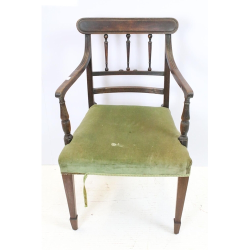 648 - Pair of 19th century mahogany chairs with arms, the backs with turned spindles and reeded arms, each... 