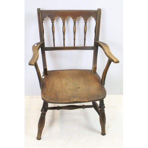 648 - Pair of 19th century mahogany chairs with arms, the backs with turned spindles and reeded arms, each... 