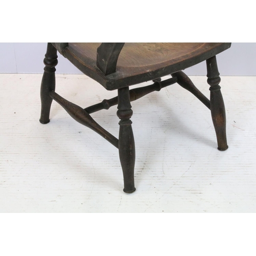 648 - Pair of 19th century mahogany chairs with arms, the backs with turned spindles and reeded arms, each... 