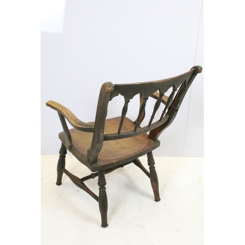 648 - Pair of 19th century mahogany chairs with arms, the backs with turned spindles and reeded arms, each... 