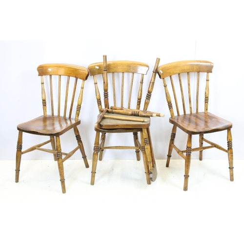 650 - Set of three early 20th century oak kitchen chairs, 84cm x 36.5cm wide x 38cm deep (seat) and anothe... 