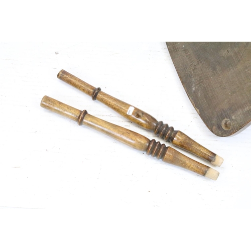 650 - Set of three early 20th century oak kitchen chairs, 84cm x 36.5cm wide x 38cm deep (seat) and anothe... 