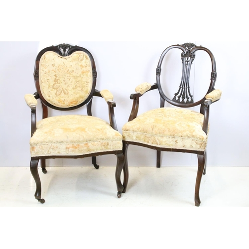 651 - Set of six Victorian mahogany chairs, comprising: one chair with upholstered back and open arms, 95c... 