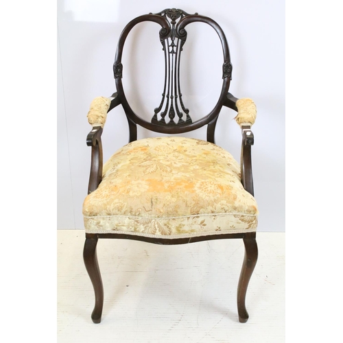 651 - Set of six Victorian mahogany chairs, comprising: one chair with upholstered back and open arms, 95c... 