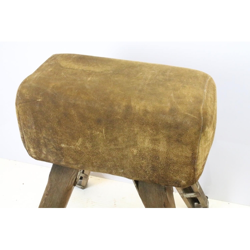 661 - Early 20th century suede pommel horse, with adjustable legs, 87cm high x 75cm wide x 68cm deep